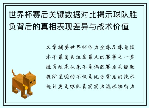 世界杯赛后关键数据对比揭示球队胜负背后的真相表现差异与战术价值