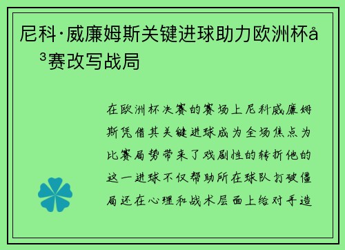 尼科·威廉姆斯关键进球助力欧洲杯决赛改写战局