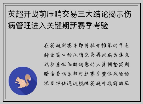 英超开战前压哨交易三大结论揭示伤病管理进入关键期新赛季考验 英超开战前压哨交易三大结论揭示伤病管理进入关键期新赛季考验